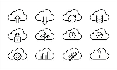 Fototapeta premium Collection of cloud computing with upload, download, sync, database, lock, arrows, clock, gear, chart, link, and alert symbols