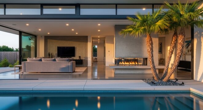 Modern Luxury Home Exterior with Pool, Palm Trees, Opening Living Room, and Fireplace