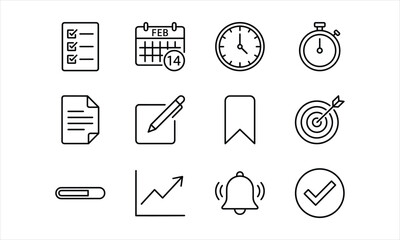 Fototapeta premium Collection of twelve black outline representing tasks, time, and goals on a white background