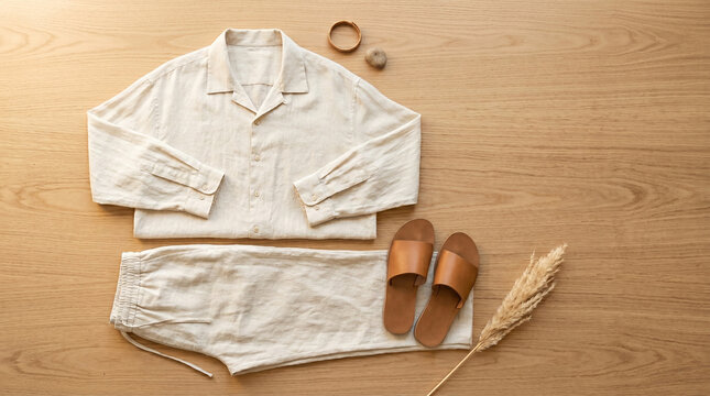 natural linen clothing flat lay with sandals and accessories on wooden background