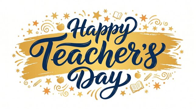 Decorative &ldquo;Happy Teacher&rsquo;s Day&rdquo; text in cursive font with bold lettering, yellow brushstroke background, and scattered star symbols, celebrating appreciation and honoring teachers in a festive design