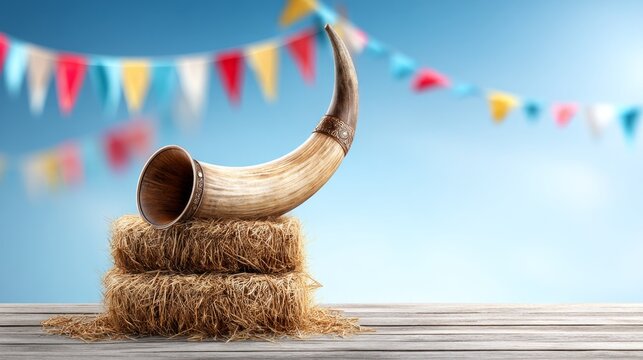 Traditional Alpine Horn Placed Upright on Stacked Hay Bales
