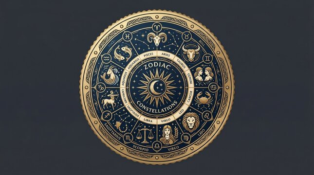 Celestial Zodiac Constellation Chart with Sun and Moon Centerpiece on Dark Background