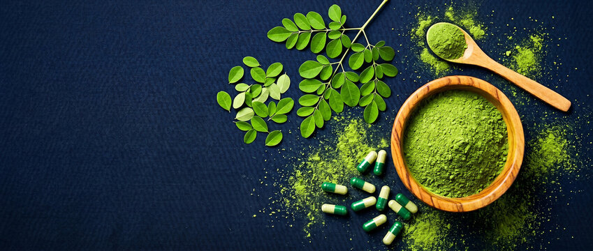 moringa leaves and powder with capsules on dark blue background promoting natural health supplements
