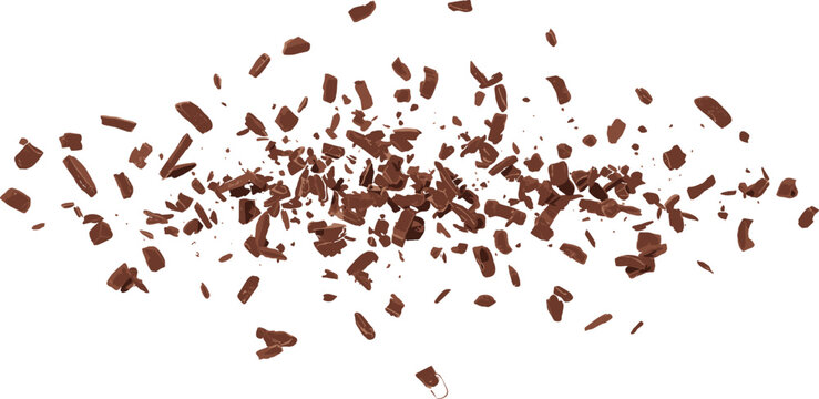 Explosion of Dark Chocolate Pieces and Shavings Isolated on White Background for Bakery, Confectionery, Dessert, and Sweet Food Product Advertisement Designs