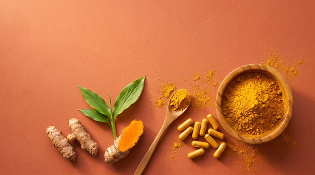 turmeric root, powder, and capsules on orange background, showcasing natural health benefits