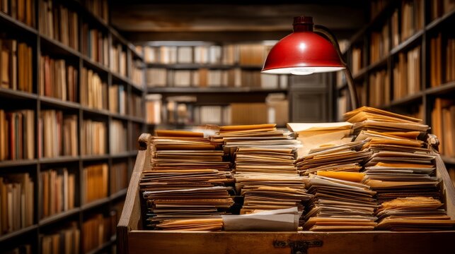 Cozy Library Archive with Stacked Books and Index Cards in Warm Lighting