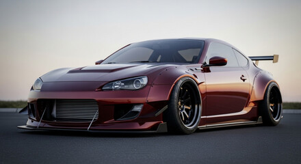 Obraz premium Red Widebody Sports Car with Custom Wheels and Spoiler on Asphalt Road, 3D Render.