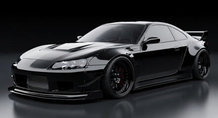 Fototapeta premium Black Sports Car Parked in Dark Studio with Reflective Floor, 3D Render