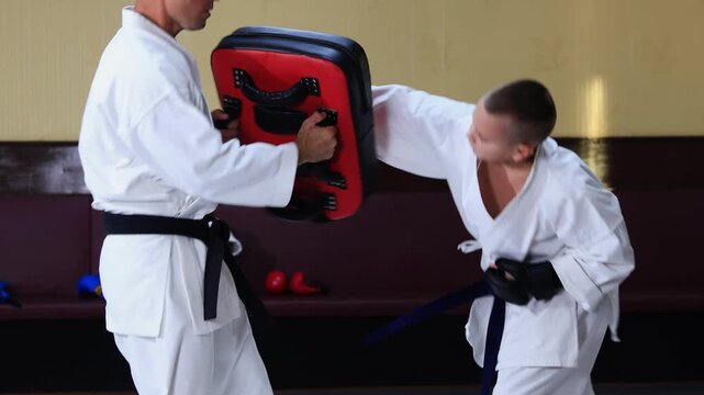 An athlete with black pads on his hands performs straight and roundhouse punches on a training apparatus held by a trainer