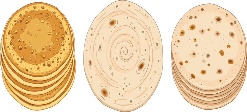 Stack of Freshly Baked Pancakes, Crepes, and Flatbread Tortillas Vector Set for Breakfast Menu, Culinary Recipes, and Traditional Bakery Food Product Designs