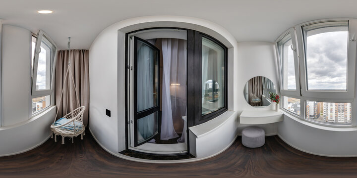 hdri 360 panorama view inside balcony or loggia with hanging swing and bar chairs in full seamless spherical equirectangular projection, ready for VR AR virtual reality content