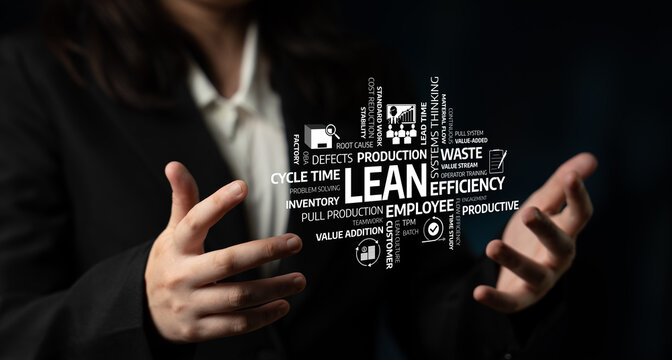 A business professional illustrates key lean management concepts using keywords that emphasize efficiency, productivity, and waste reduction in a modern workplace setting. Tessel