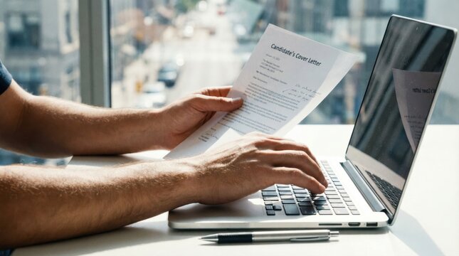 Candidate hands typing on a laptop keyboard while reviewing a printed paper cover letter