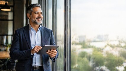 Fototapeta premium Confident businessman using tablet looking at future city view