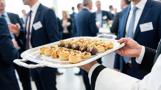 Waiter in formal uniform carrying a silver tray full of gourmet bite sized appetizers at a corporate event