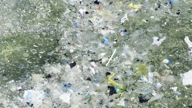 Plastic waste and microplastic debris polluting ocean water surface, environmental pollution concept