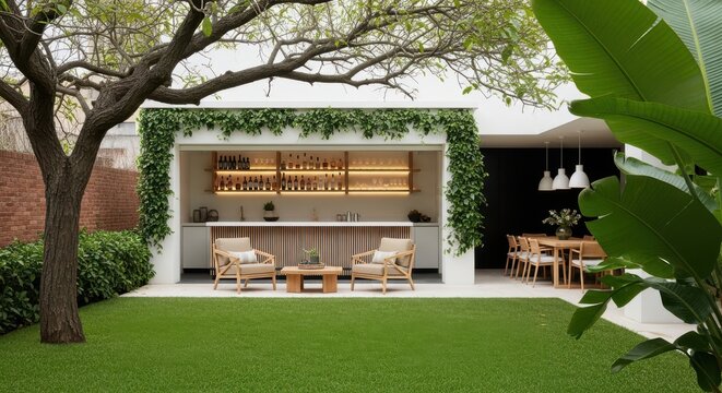 Modern Outdoor Kitchen Bar Area with Seating and Dining Space - Luxury Backyard