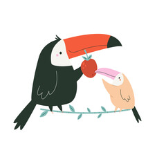 Naklejka premium Cartoon toucan mother and baby bird on a branch for nursery poster design