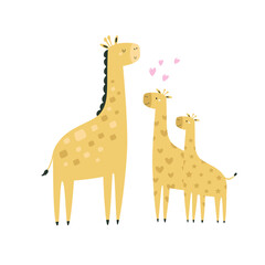 Obraz premium Cartoon giraffe mother and baby with hearts isolated on white background