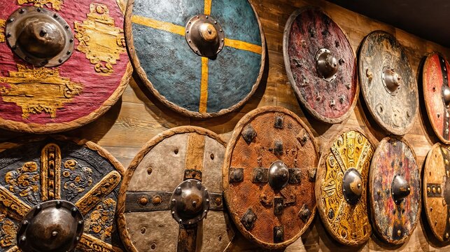 Decorative Shields in Symmetrical Arrangement on Wooden Wall