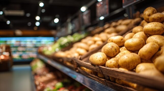 Fresh golden potatoes neatly arranged in wooden crates at a farmer's market produce section with vibrant ambient lighting and a blurred background display