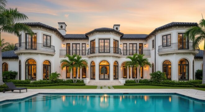 Luxury Mansion Estate with Swimming Pool at Sunset