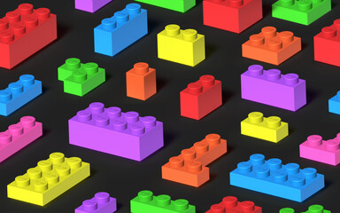 Naklejka premium Seamless background made with realistic multicolor Lego plastik constructor blocks on dark grey background. 3D rendered vector editorial illustration