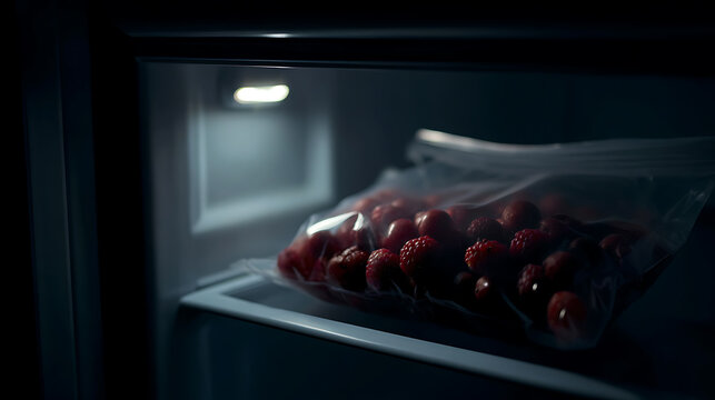 Fresh red berries in clear bag inside freezer with soft internal light, low key, storage solution, cold preservation of fruit, healthy food