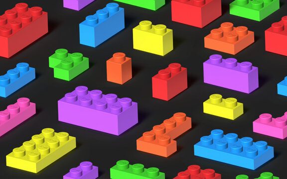 Seamless background made with realistic multicolor Lego plastik constructor blocks on dark grey background. 3D rendered vector editorial illustration