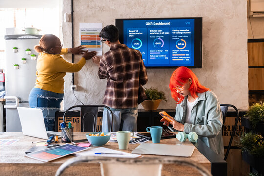 Team reviewing OKR dashboard while coworker uses phone