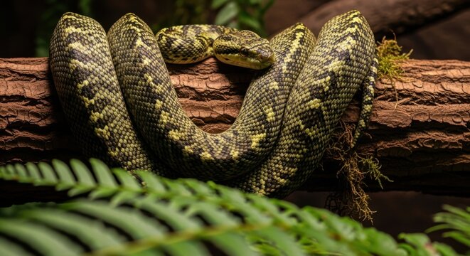Green Pit Viper Snake Coiled on Branch in Lush Rainforest, Tropical Wildlife