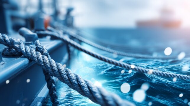 Secured Rope Lines with Tension and Bracket on Calm Water Surface
