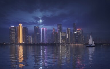 Naklejka premium Spectacular nighttime cityscape a view of modern architecture reflecting in calm waters