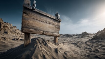 Fototapeta premium Wooden Signboard Standing Alone on Beach Mound under Blue Sky