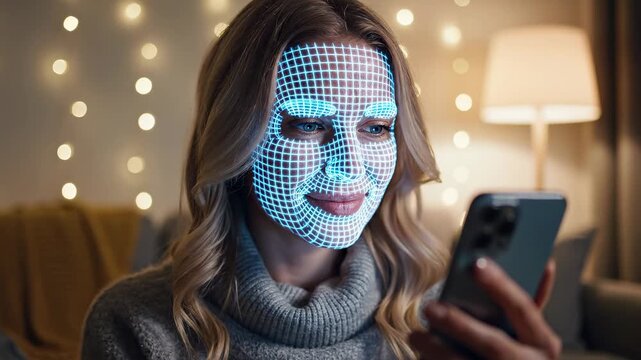 This captures a woman with a digital face recognition interface on her face while using a smartphone in a cozy living room. The interface displays a grid of blue dots and lines, highlighting her