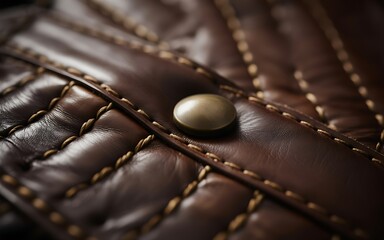 Fototapeta premium Close up of a luxurious brown leather chesterfield sofa with detailed stitching and a pearl button