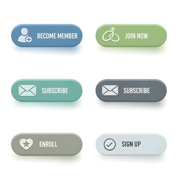 Collection of modern call-to-action buttons for web design and user interface elements, including subscribe, enroll, and join now options
