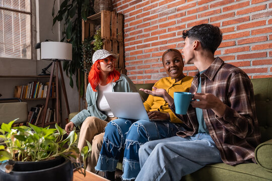 Diverse friend chat with laptop on sofa in cozy loft