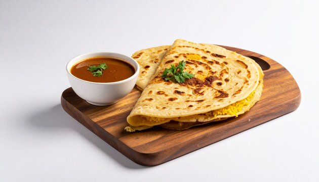 A typical Indian prata dish served on a wooden cutting board