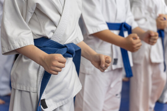 Close-up of young karate students in white gi