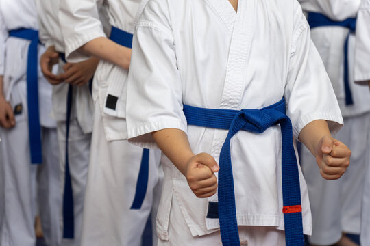 Close-up of young karate students in white gi