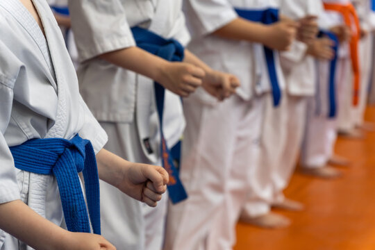 Children in white karate gi with blue and orange belts