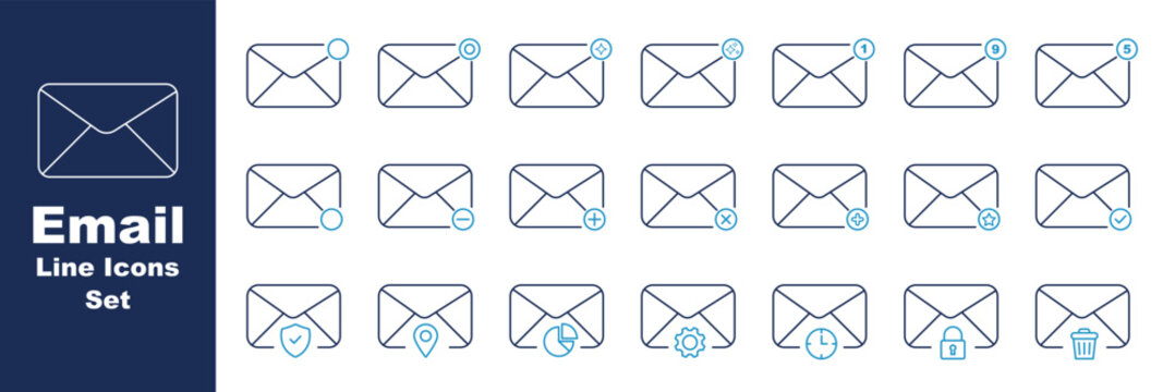 Email icons on white background. EPS 10. Editable linear style stroke. Vector icon. Email icon vector graphic clipart and line art style set. Email icon. Simple outline style for web and app. Vector