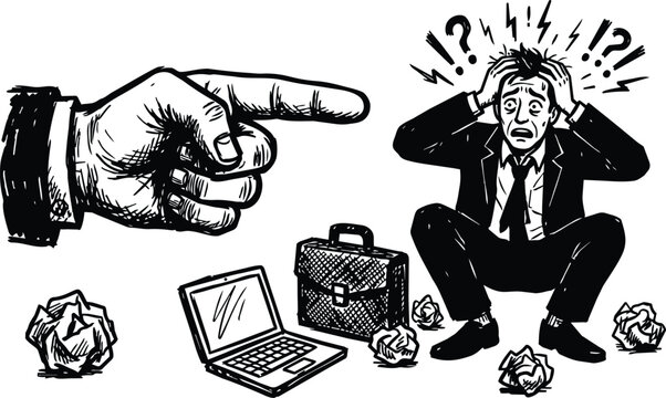 Black and white line art stressed businessman holding head beside pointing hand and scattered crumpled papers