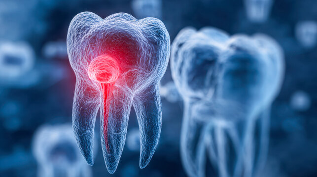 Detailed digital illustration of a transparent tooth showing inner structures with a highlighted inflamed area representing dental pain or infection concept