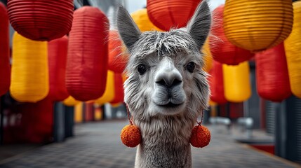 Obraz premium Charming Alpaca with Oversized Round Earrings Among Colorful Lanterns