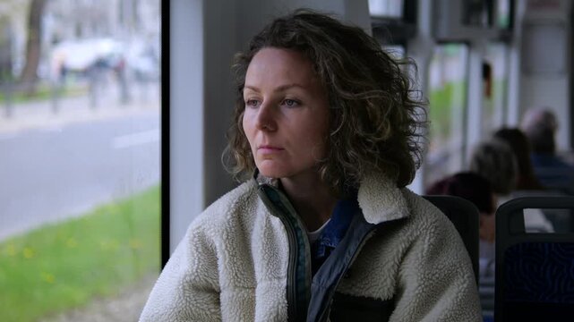 Thoughtful middle aged woman with curly hair sitting on public transport, gazing out the window with a pensive expression as the city scenery passes by during her daily commute