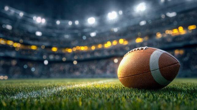 American football resting on green grass field with bright stadium lights shining during a nighttime game in a large sports arena full of spectators