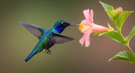 Obraz premium Hummingbird Feeding on Pink Flower, Capturing Nectar in Mid-Air, Vibrant Wildlife Photography